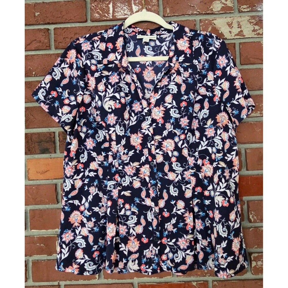 Dana Buchman Size XL Navy Multi Color‎ Floral Short Sleeve Button Down Comfy EUC